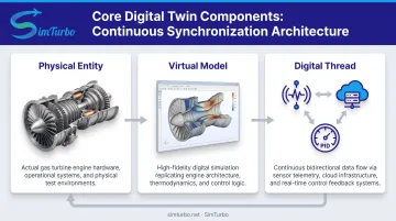 Three fundamental digital twin components showing physical entity virtual model and digital thread connections