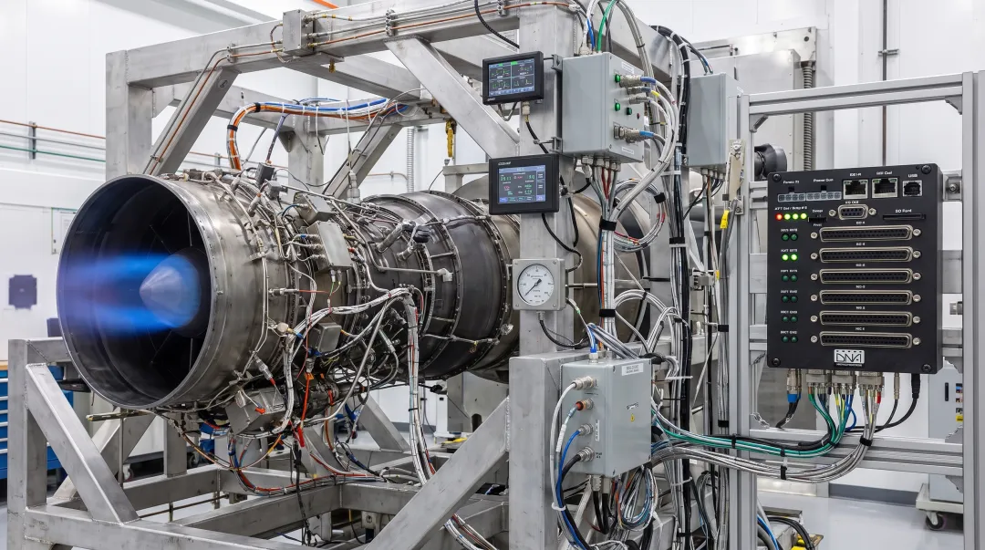 NASA Lewis Research Center J85 turbojet engine test stand with instrumentation and data acquisition