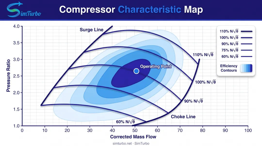 Compressor performance map showing pressure ratio versus corrected flow with speed lines and efficiency