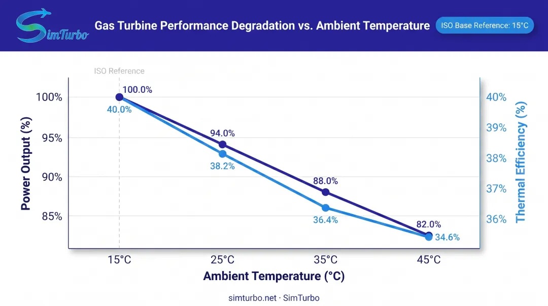 Ambient temperature impact on gas turbine power output and thermal efficiency comparison chart