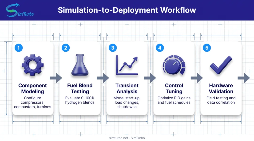 Five-step hydrogen turbine simulation workflow from design to field deployment optimization