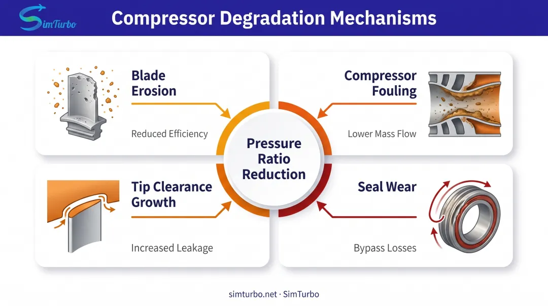 Four categories of gas turbine compressor degradation mechanisms showing blade erosion fouling clearance and seal wear