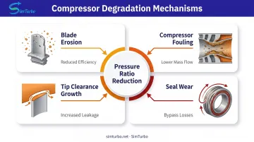 Four categories of gas turbine compressor degradation mechanisms showing blade erosion fouling clearance and seal wear