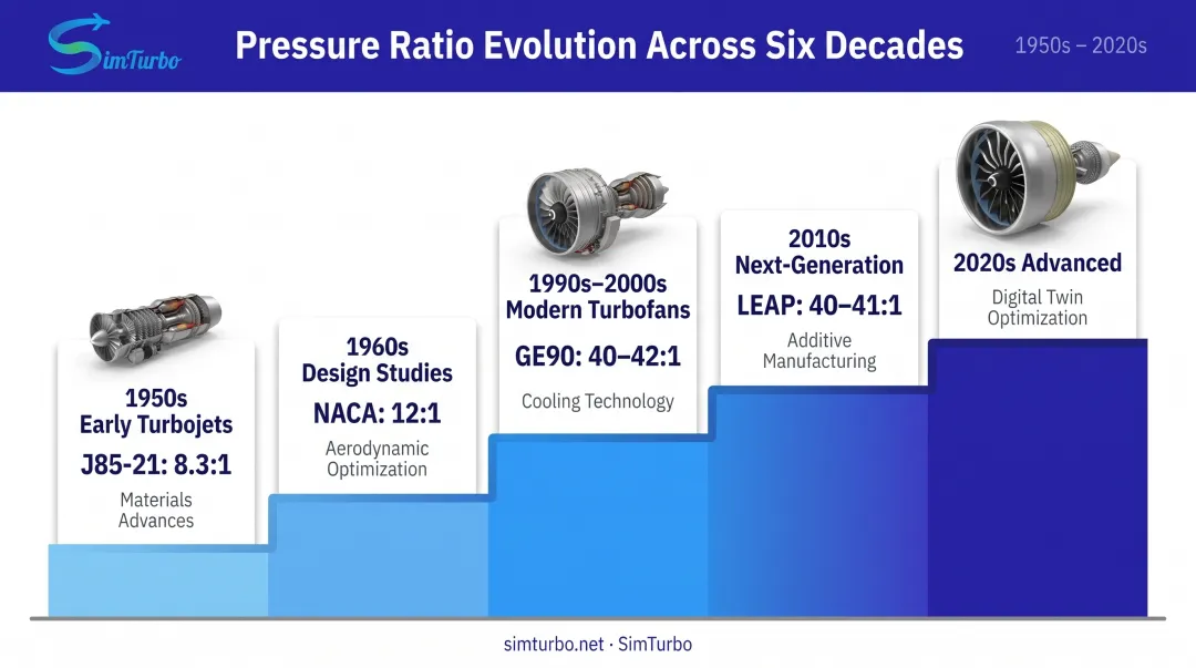 Gas turbine engine pressure ratio evolution timeline from 1950s turbojets to modern turbofans