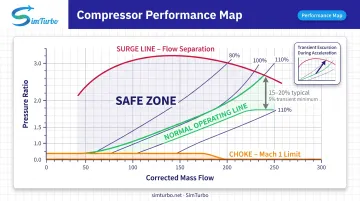 Compressor performance map showing surge line choke boundary operating line and safe margin zones
