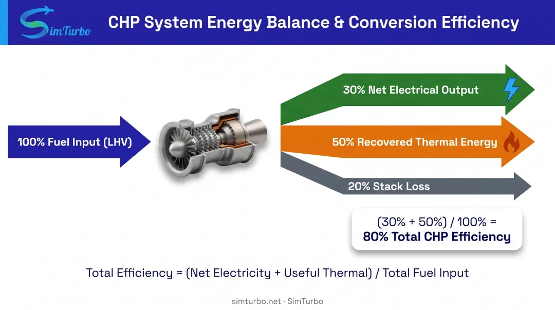 CHP total efficiency calculation breakdown showing electrical and thermal energy recovery from fuel input