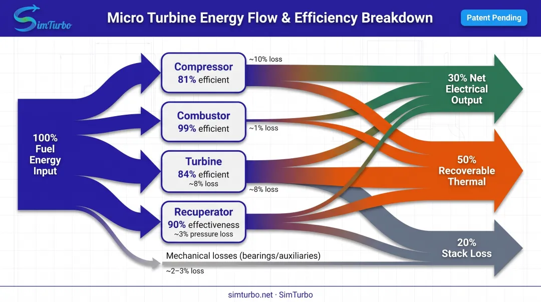 Component efficiency breakdown and loss sources in 300 kW micro gas turbine system