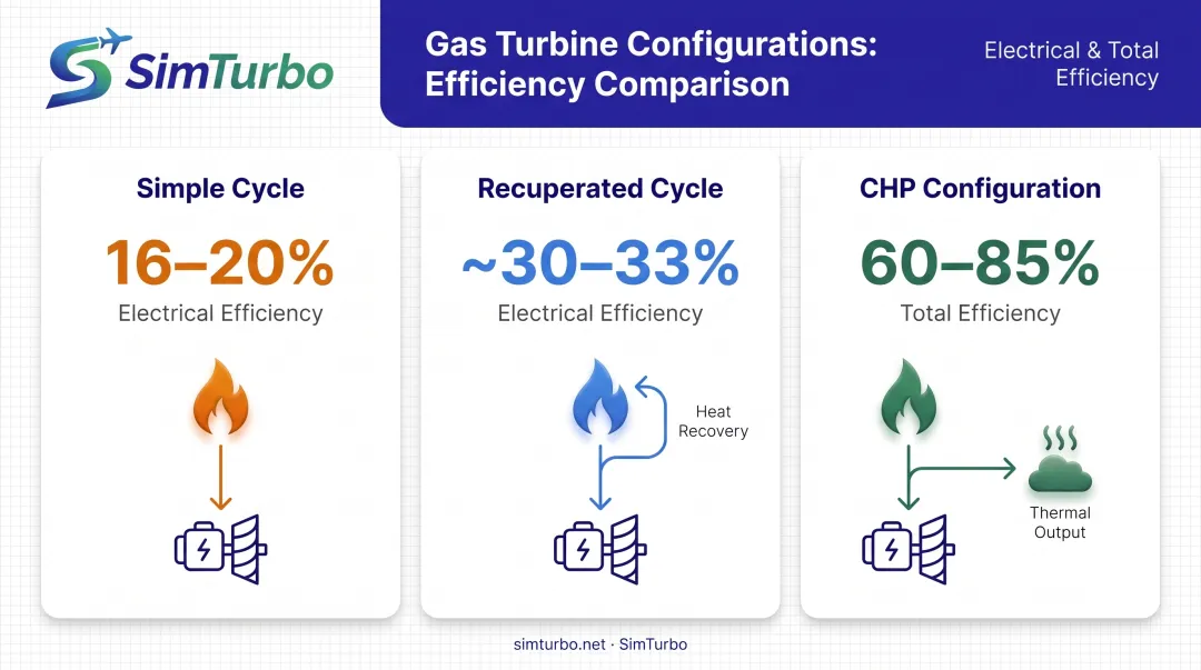 Micro gas turbine efficiency comparison simple cycle versus recuperated cycle versus CHP configuration