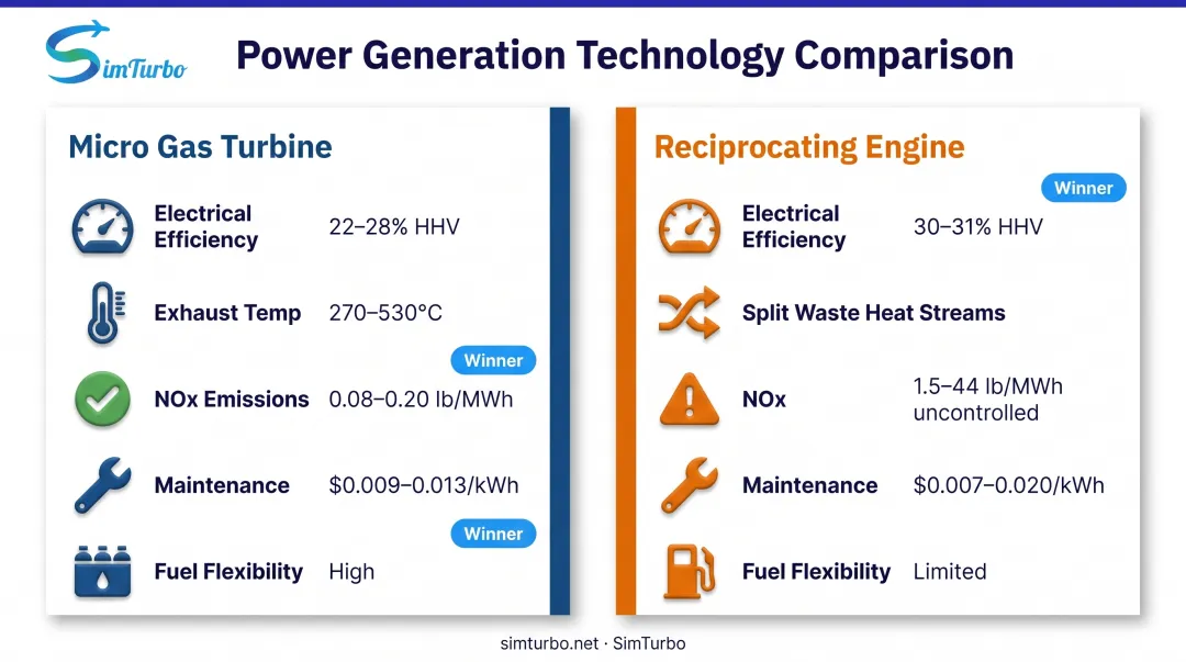 Micro gas turbine versus reciprocating engine side-by-side efficiency and performance comparison chart