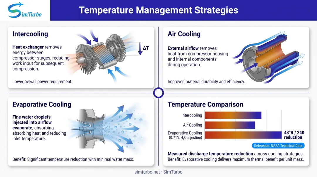 Four compressor cooling strategies showing intercooling air cooling evaporative cooling and temperature reduction mechanisms