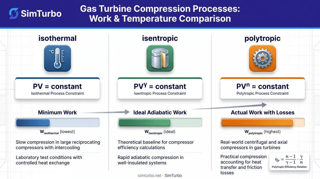 Compression process comparison table showing work requirements temperature results and appropriate applications for three process types