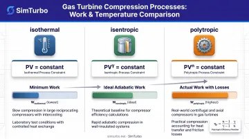 Compression process comparison table showing work requirements temperature results and appropriate applications for three process types
