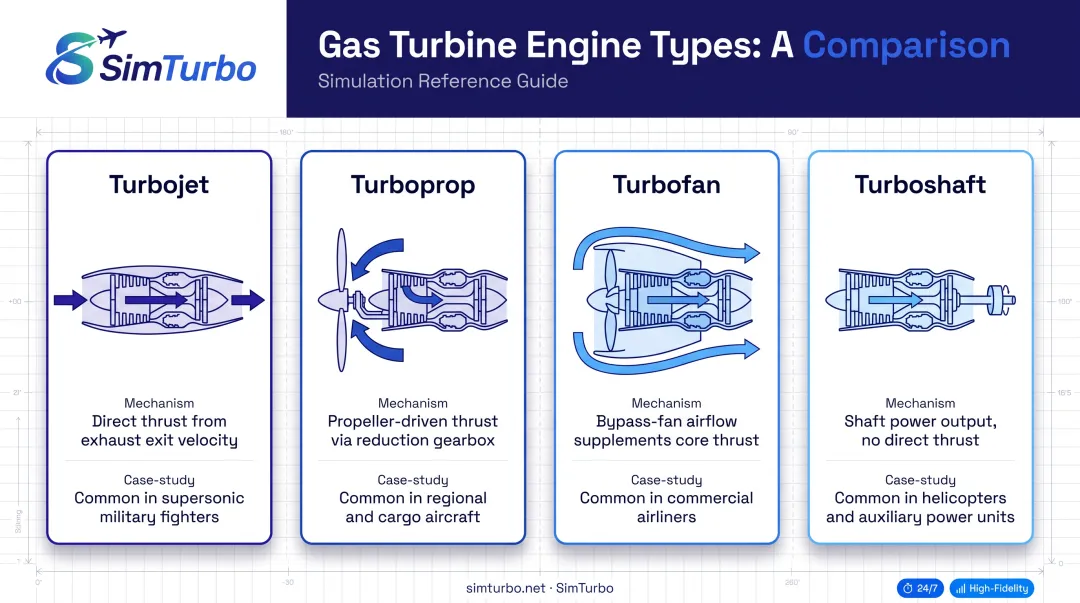 Four turbine engine types comparison showing turbojet turboprop turbofan turboshaft