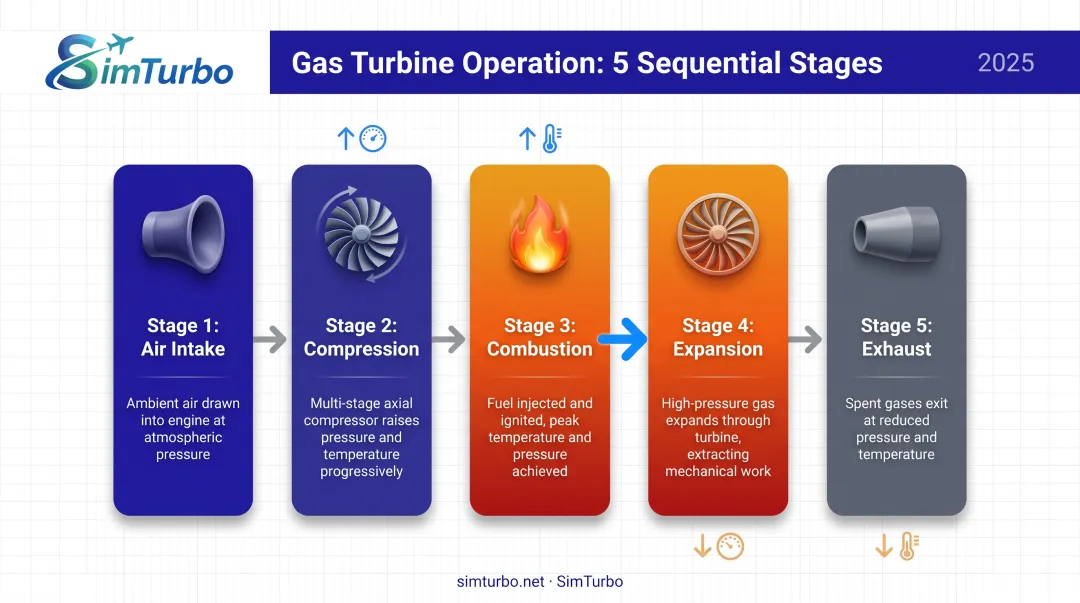 Five-stage gas turbine operating sequence from air intake through exhaust flow diagram
