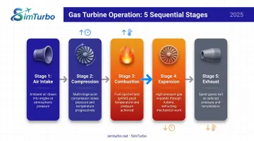Five-stage gas turbine operating sequence from air intake through exhaust flow diagram