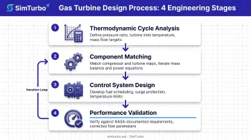 Four-step gas turbine engineering design process from cycle analysis to validation flowchart