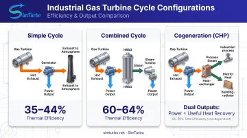 Industrial gas turbine power cycle comparison showing simple combined and cogeneration configurations