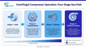 Centrifugal compressor four-stage flow path from inlet through impeller diffuser to collector