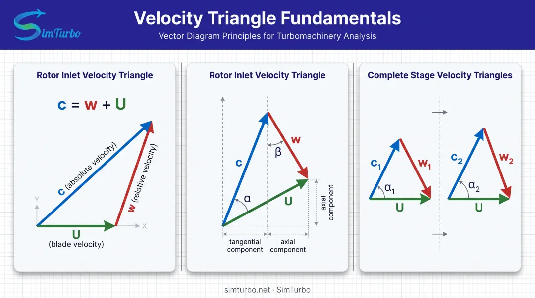 Axial turbine velocity triangle components showing absolute relative and blade velocity vectors