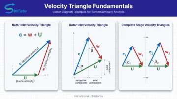 Axial turbine velocity triangle components showing absolute relative and blade velocity vectors