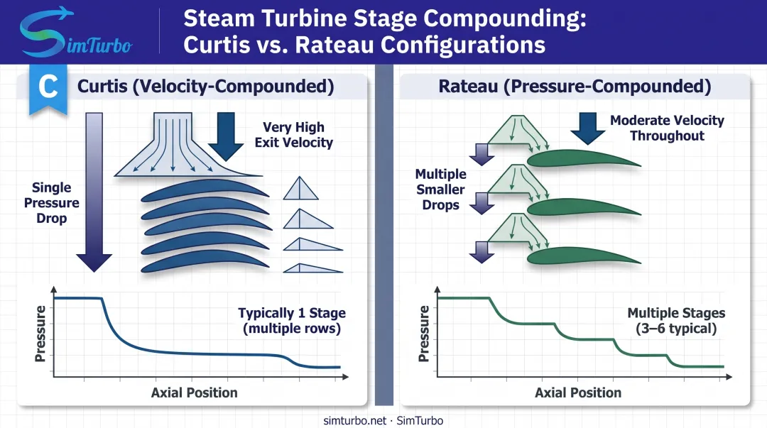 Curtis versus Rateau staging velocity triangle and pressure drop comparison infographic