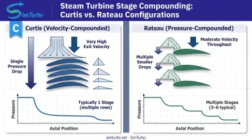 Curtis versus Rateau staging velocity triangle and pressure drop comparison infographic