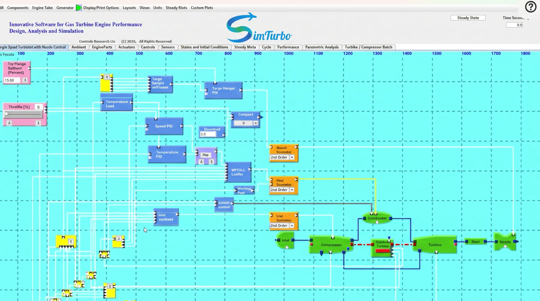 SimTurbo drag-and-drop interface showing turbojet component assembly