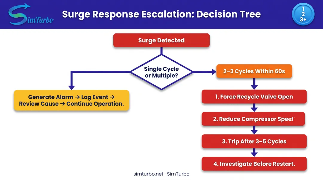Escalating surge response procedure from single cycle to emergency shutdown