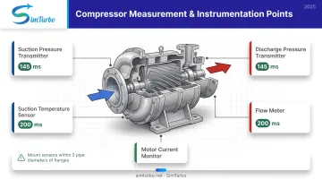 Compressor surge detection instrumentation layout showing sensor placement and signal response times