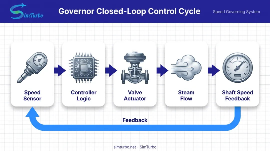 Steam turbine governor closed-loop control diagram from sensor to valve