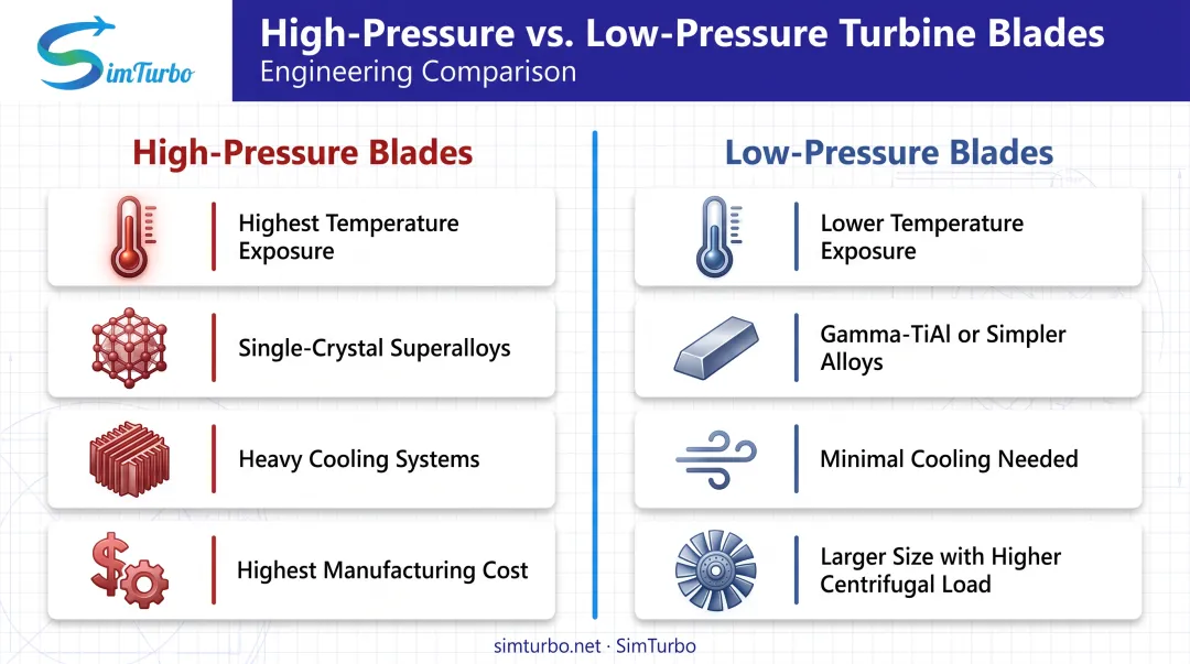 High-pressure versus low-pressure turbine blade characteristics comparison chart
