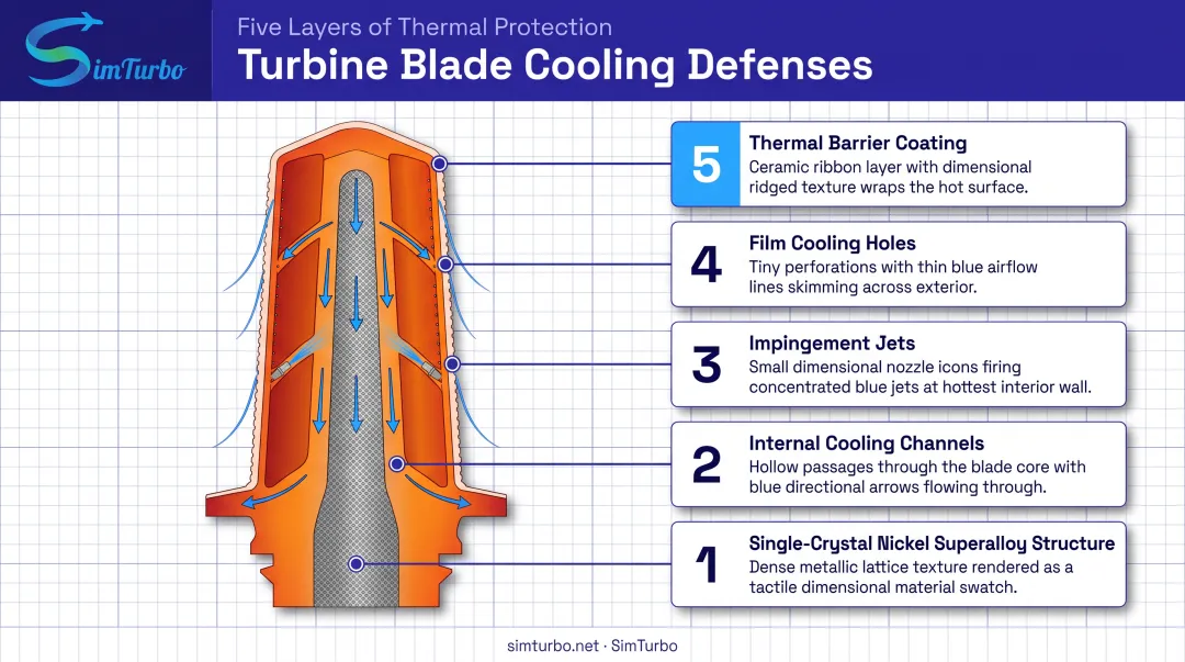 HP turbine blade layered cooling defense system five stages diagram