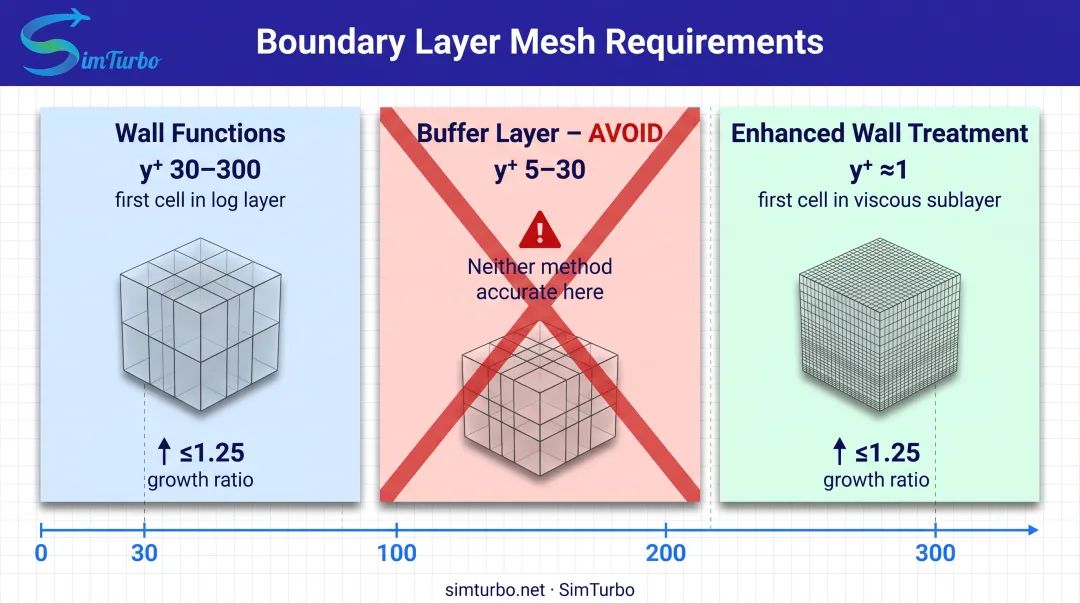 Turbomachinery boundary layer mesh requirements showing y-plus values and wall treatment zones
