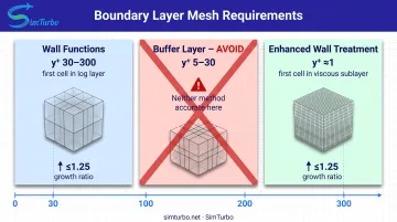 Turbomachinery boundary layer mesh requirements showing y-plus values and wall treatment zones