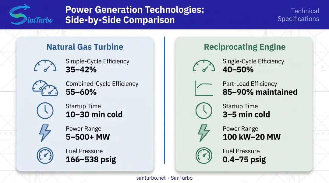 Gas turbine versus reciprocating engine side-by-side comparison of efficiency startup time and power range
