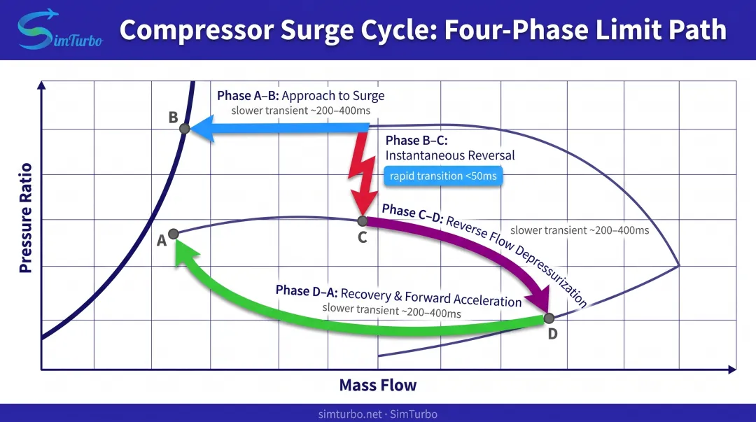 Four-phase centrifugal compressor surge cycle from approach through recovery on performance map