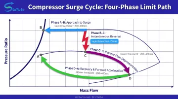 Four-phase centrifugal compressor surge cycle from approach through recovery on performance map