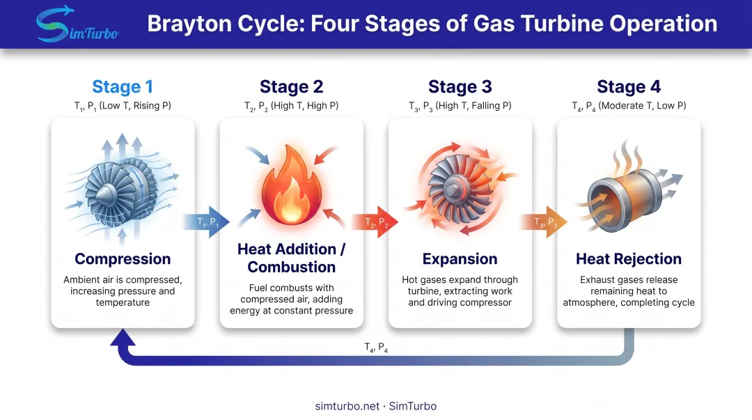 Four-stage Brayton cycle process flow diagram showing compression combustion expansion and heat rejection