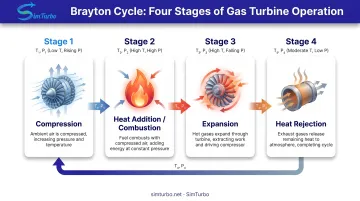 Four-stage Brayton cycle process flow diagram showing compression combustion expansion and heat rejection