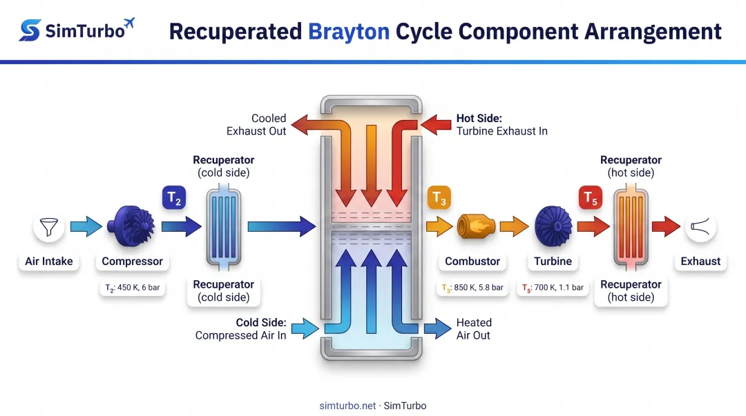 Recuperated Brayton cycle schematic showing heat exchanger integration between turbine exhaust and combustor inlet