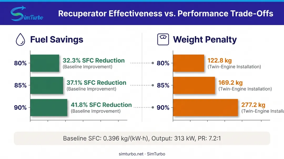 Allison 250-C20B recuperated engine performance comparison showing fuel consumption reduction versus weight penalty