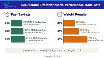 Allison 250-C20B recuperated engine performance comparison showing fuel consumption reduction versus weight penalty