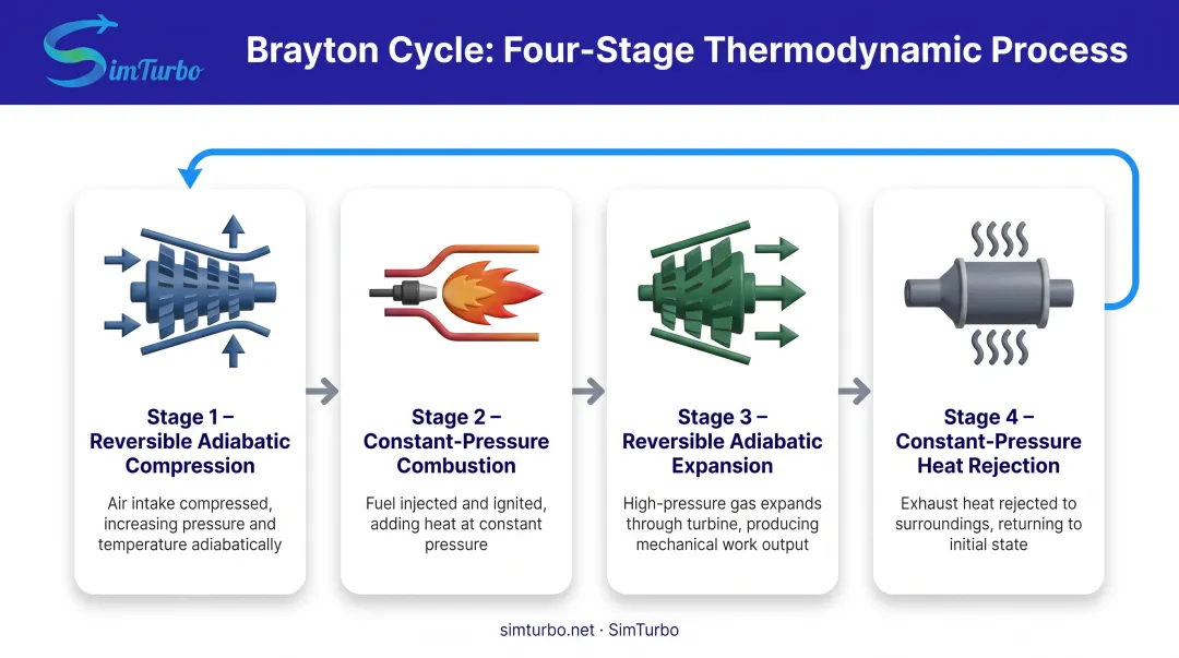 Four-stage Brayton Cycle process flow diagram showing compression combustion expansion and heat rejection