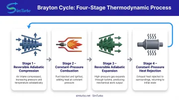 Four-stage Brayton Cycle process flow diagram showing compression combustion expansion and heat rejection