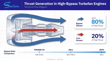 Turbofan thrust generation showing bypass and core stream contributions with bypass ratios
