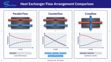 Heat exchanger flow arrangement comparison showing parallel counterflow and crossflow configurations