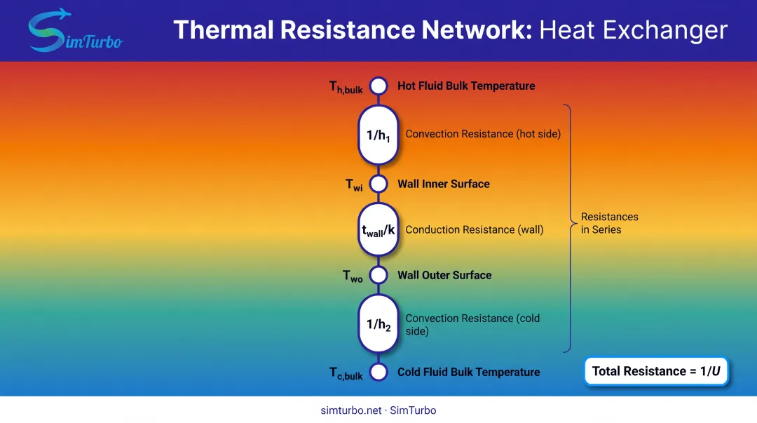 Heat exchanger thermal resistance network diagram showing convection conduction and overall coefficient