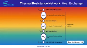 Heat exchanger thermal resistance network diagram showing convection conduction and overall coefficient