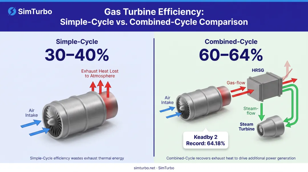 Simple-cycle versus combined-cycle efficiency comparison showing heat recovery and performance gains