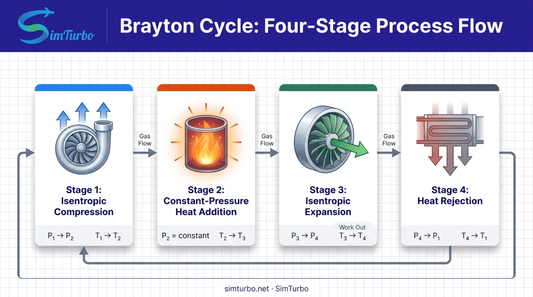 Four-stage Brayton thermodynamic cycle process flow diagram showing compression combustion expansion and heat rejection